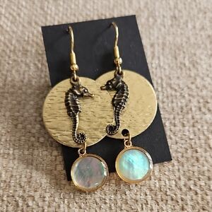 Gold Seahorse Drop Earrings with Iridescent Gem - Women Jewelry